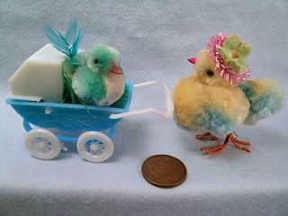 Vintage Easter Chenille Chicks Mom Baby Buggy PomPom Chickens Japan Decorations 2