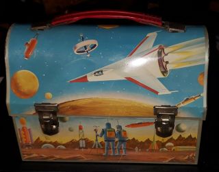 1960 Space Ships And Rockets Thermos Dome Lunch Box W/ Matching Thermos - C8 - C9