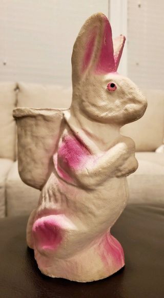 Vintage Paper Mache Easter Rabbit With Basket Candy Container