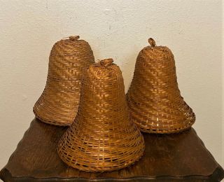 Set Of 3 Vintage Woven Wicker Rattan Nesting Hanging Christmas Bells