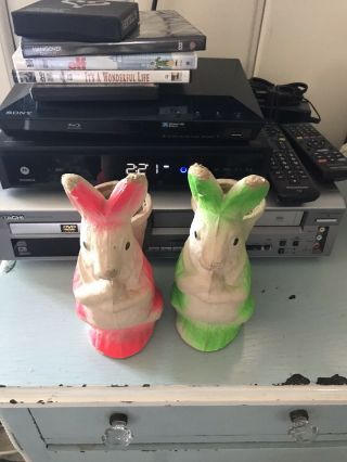 2 Sweet Antique Vintage German Paper Mache Easter Bunny Rabbit Candy Containers