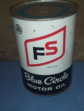Vintage Fs Farm Service Blue Circle Motor Oil Can 1 Quart Metal Full Sae 30