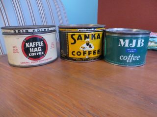 Vintage Empty 3 Coffee Cans 1 Kaffee Hag,  1 Sanka,  1/2 Mjb