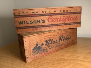 2 Vintage 5 Lb.  Colorful Wooden Cheese Boxes - Set Of 2 (blue Ridge/wilson 