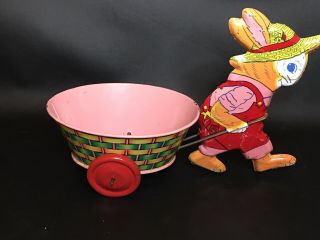Vtg 1950s J Chein Tin Lithograph Easter Bunny Rabbit Pulling Large Basket Cart