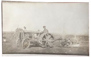 Rppc Circa 1920’s Fordson Farm Tractor With Steel Wheels Pulling Disc Plow