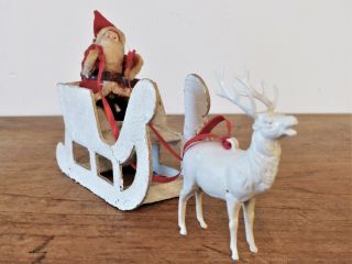 Vintage Japan Santa Claus Christmas Sleigh Reindeer Figure Cardboard Putz