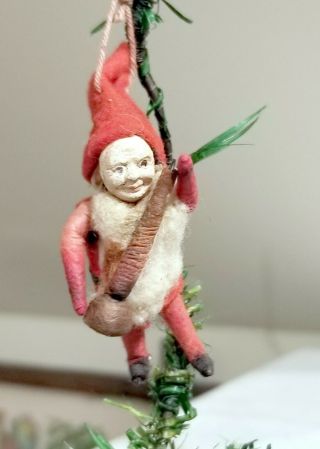 Miniature Cotton Dwarf,  Gnome.  Red Dressed,  With Brown Horn.  German,  Early 1900s