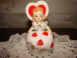 Vintage Lefton ? Porcelain Valentine Spaghetti Girl Figurine Bell 1950 