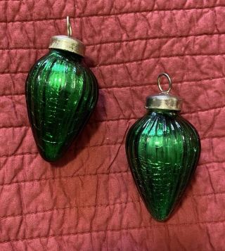2 Vtg Green Heavy Mercury Glass Christmas Ornaments Teardrop Ribbed Crackle