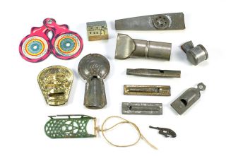 13 Vintage Cracker Jack Tin Toy Whistles & Prizes - Wood House,  Paper Binoculars