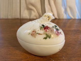 2 Piece Painted Milk Glass Easter Egg Hatching Chick Covered Dish