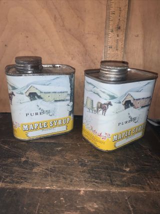 2 Vintage Maple Syrup - Tin Cans - 1 Pint Early Tin Graphics