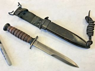 Wwii Style M3 Leather Fighting Knife With Wood Grain Scabbard