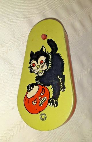 Vintage Halloween Tin Noisemaker W/ Cat & Jack O Lantern T Cohn Inc 1950s