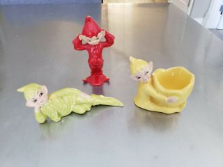 Vintage Gilner Pixie Elf Ceramic Figurines - Set Of 3 Red Green Yellow 1950 