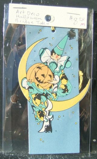 Vntg Art Deco Halloween Bridge Tally Card Harlequin Man Sitting On Moon