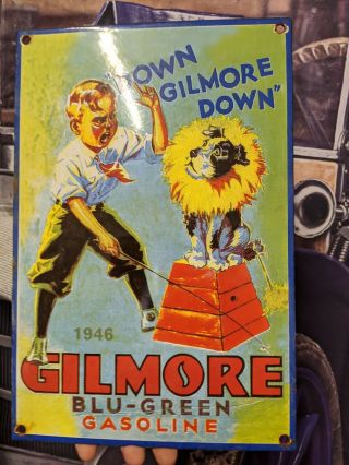 Old 1946 Gilmore Gasoline " The Red Lion " Porcelain Service Gas Station Pump Sign