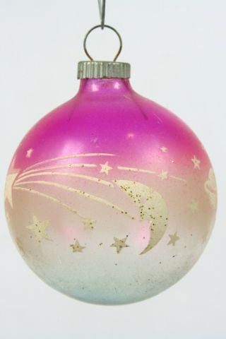 Vtg Shiny Brite Pink Ombre Moon Shooting Star Unsilvered Christmas Ornament