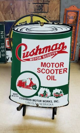 Cushman Scooter Porcelain Sign Motor Oil Motorcycle Can Vintage Dealer
