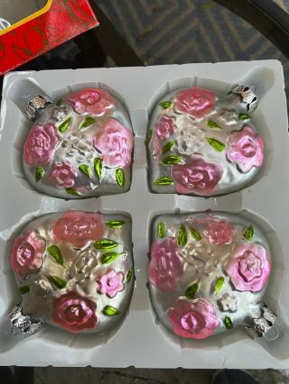 4 Vtg Kurt S Adler Valentine Heart Glass Ornaments,  Silver W/ Pink Flowers,  Iob