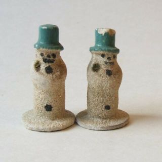 2 Vintage German Putz Mini Snowmen 1.  25 " Green Top Hat Christmas Figurines