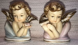 Vintage 1950s Pair Porcelain Christmas Angels Cherubs Boy Girl Japan Norcrest 2