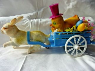 Vintage Easter Flocked Rabbit Pulling Chick In Cart Decoration