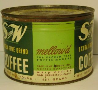 Vintage 1950s S and W COFFEE GRAPHIC COFFEE TIN 1 POUND SAN FRANCISCO CALIFORNIA 3