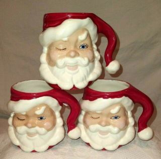 Set Of 3 Vintage Winking Santa Mugs - Signed 1973 - Euc