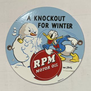 Vintage 1960’s Walt Disney Donald Duck Rpm Motor Oil Gas ⛽️ Porcelain Sign