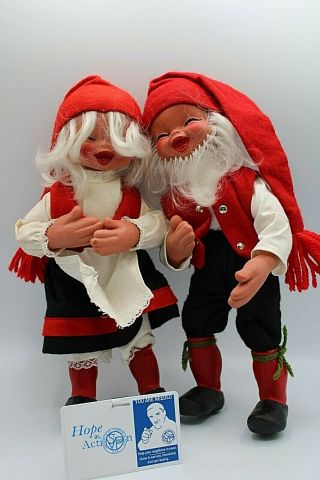 Vintage Arne Hasle Norwegian Christmas Gnome Doll Couple 12 " Tall Fully Poseable