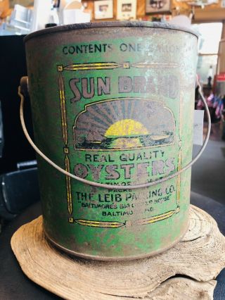 Vintage Sun Brand Big Oyster House Gallon Tin Can Baltimore Md 27 Bail Handle