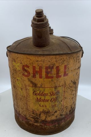 Vintage Shell Service Station Motor Oil 5 Gallon Can,  Golden Sae 20,  Empty
