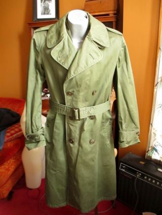 Small 38 Vtg 60s 70s Vietnam War Era Army Quarpel Og Belted Trench Coat Raincoat