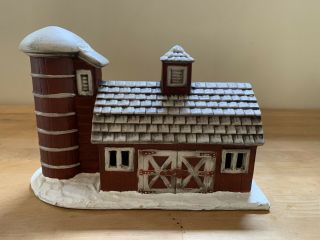 Vintage Byron Molds 1979 Ceramic Red Barn & Silo W/ Snow Christmas Village Set