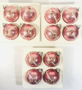 12 Vintage Christmas By Krebs Glass Ornaments Pink With Glitter Ribbon & Flowers