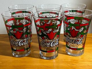 Vintage Tulip Coke Glasses Coca Cola Set Of 6 Red Green Stained Glass