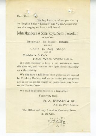1890s Advertising Flier For John Maddock & Sons Porcelain San Francisco Ca