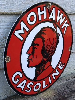VINTAGE MOHAWK OILS MOTOR OIL GASOLINE PORCELAIN ENAMEL GAS PUMP SIGN 2