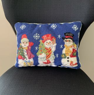 Vintage Christopher Radko Christmas Snowman Needlepoint Decorative Pillow Blue