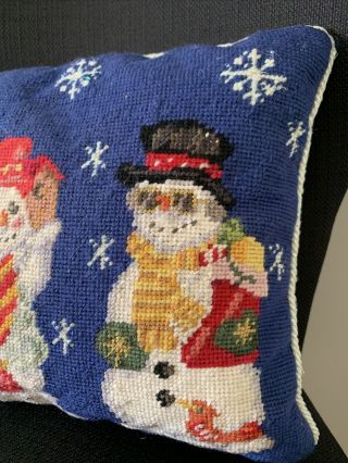 Vintage Christopher Radko Christmas Snowman Needlepoint Decorative Pillow Blue 2