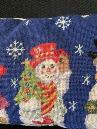 Vintage Christopher Radko Christmas Snowman Needlepoint Decorative Pillow Blue 3