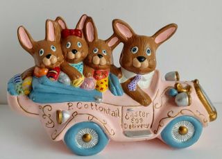 Vintage Easter Home Decor Hand Painted Ceramic P Cottontail & Family In Pink Car