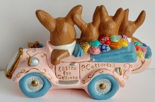Vintage Easter Home Decor Hand Painted Ceramic P Cottontail & Family In Pink Car 3