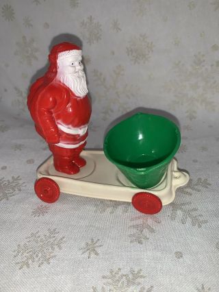 Vintage Irwin Santa Claus Candy Holder Green Barrel Basket Made Usa Hard Plastic