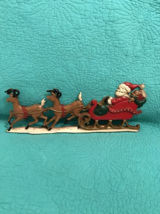 Vtg Christmas Metal Wall Hanging Santa In Sleigh & Reindeer Sexton Usa