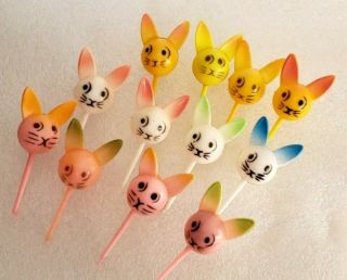 Vintage Easter Bunny Rabbit Heads 12 Plastic Cupcake Picks Pink Yellow White