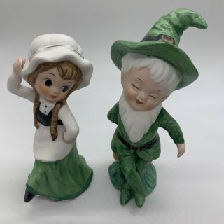 Leprechaun & Girl Dancing Figurine St.  Patrick’s Day Irish Jig Bisque Vintage