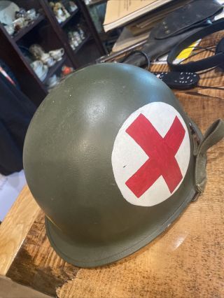 Vietnam War Or Later Us M - 1 Helmet With Liner And Medic Painted Rear Seam